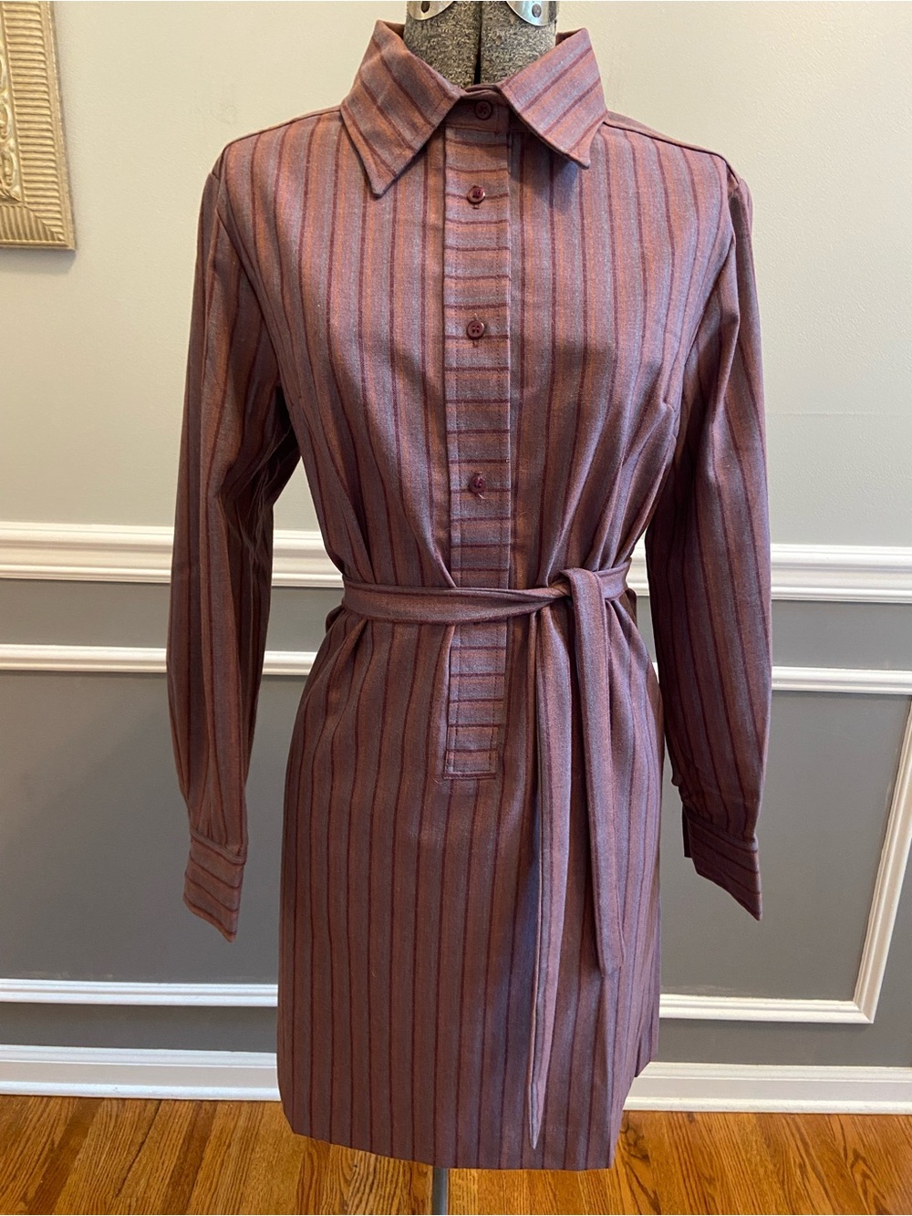 Vintage English Wool Shirt Dress Women’s Size 14 Purple Striped 1970’s NEW